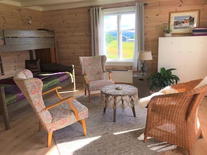 Familjerummet/vardagsrummet rymmer upp till fyra personer - det har en liten dubbelsäng, en enkelsäng och en utfällbar enkelsäng med en resårmadrass.  