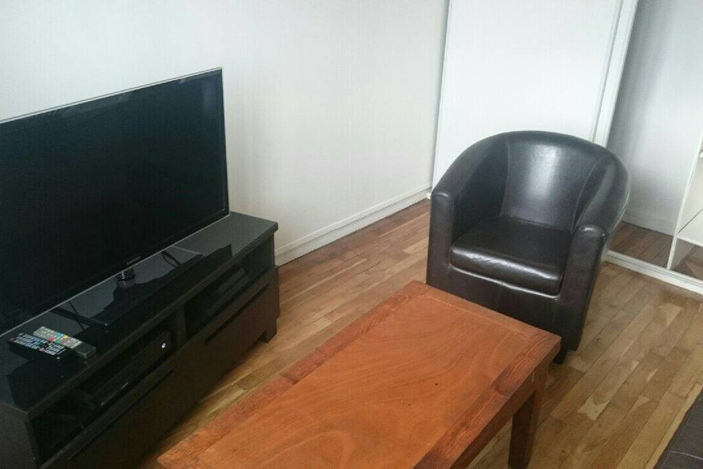 Le salon de 14 m2 avec table basse (qui se transforme en table haute), canapé et fauteuil cuir. TV avec Canal plus