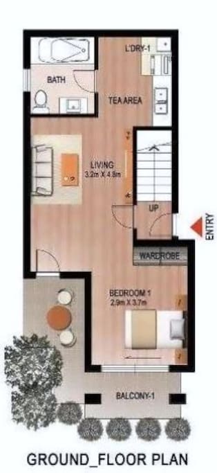 Floor plan.... Not bad for a studio, huh? We're less than 5km from the airport (about 10 minutes/$25 cab ride depending on traffic), 400 meters to the bus stop and 500 meters (less than 5 minute walk) to St Peters train station which will get you to the city's Central Station in 3 stops (8 minutes) but unlike most places in the area, we're not on a main road.