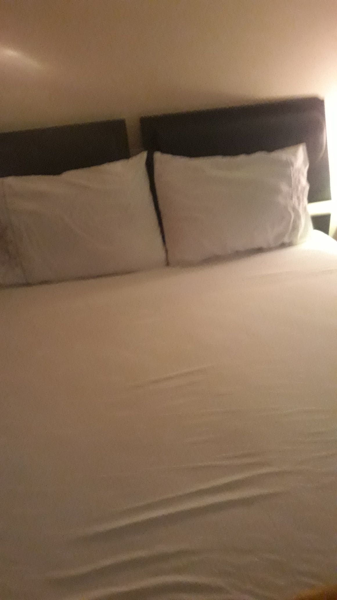 A spacious bed features a soft, inviting mattress and is layered with fresh linens. Two large pillows are positioned against a dark-colored headboard, complemented by soft lighting creating a gentle ambiance in the room.