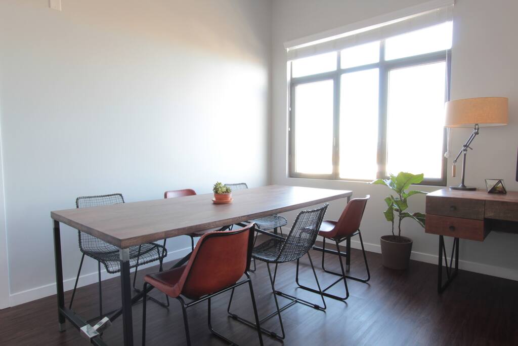 The large dining table seats 6.