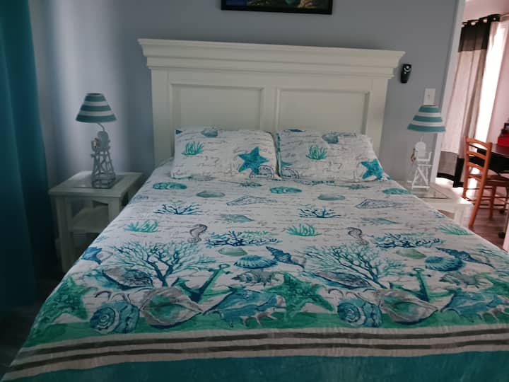 מיטת קווין סייז, עם אמבטיה, חדר ארונות ודלת הזזה מזכוכית למרפסת.