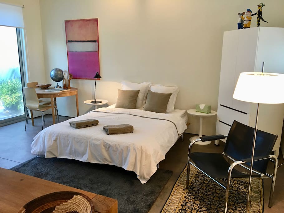 The beautiful, light-filled guest house interior reflects a refined minimal but utilitarian european sensibility. Our guests have internet access.
