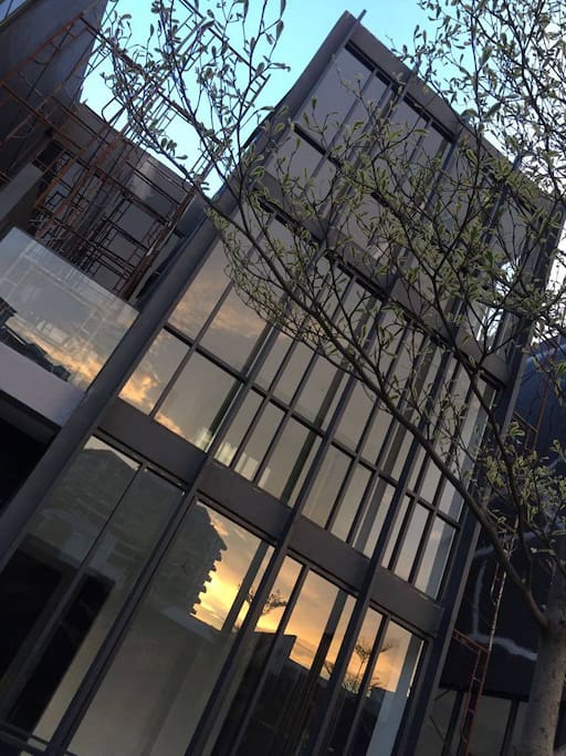 angled photo shot of the facade during the evening.