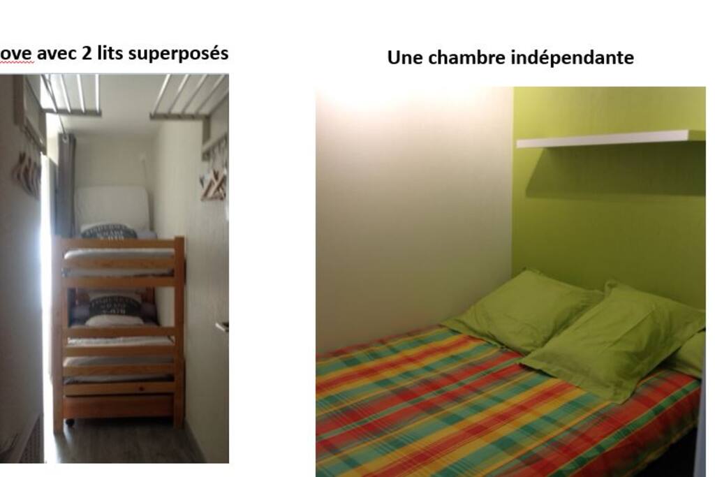 1 chambre avec 2 couchages et une alcôve avec lits superposés + 1 BZ couchage 2 pers dans le salon