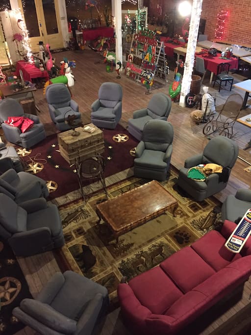 11 recliners creating a homey feel to visit or watch movies on the large 100x100 screen!
