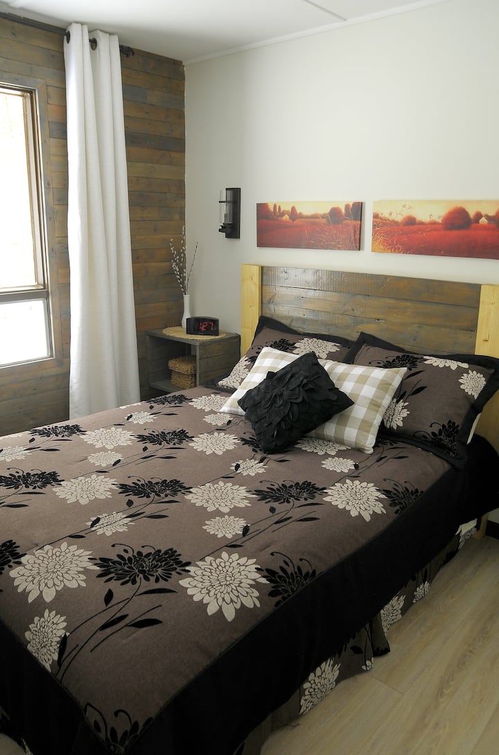 Modern bedroom with queen size bed.