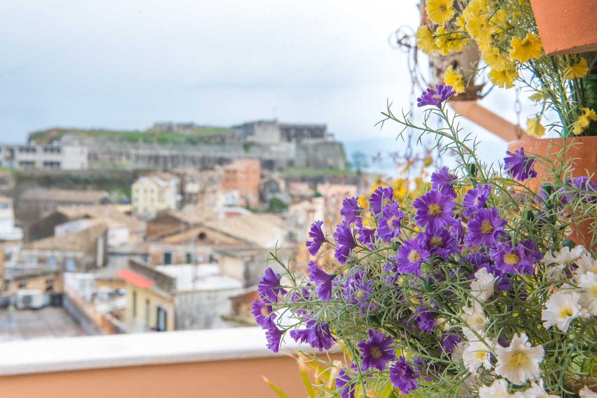 Colorful flowers in pots are seen in the foreground, with vibrant purple and yellow blooms. In the background, traditional buildings of Corfu are visible, along with the New Fortress, which stands prominently on a hill, contrasting with the cityscape.