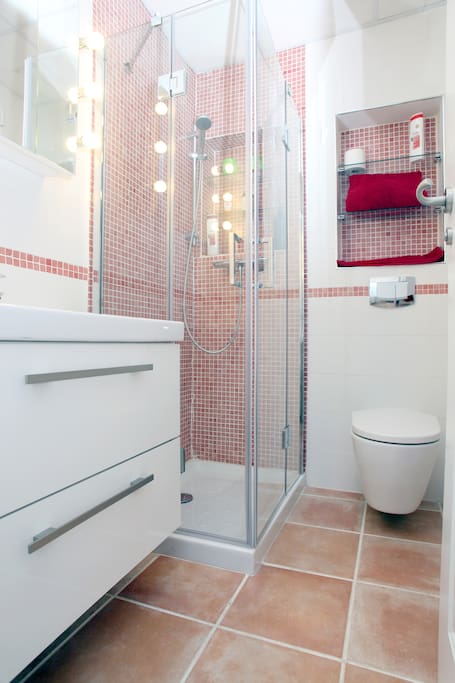 Master en-suite (the red toilet). Suspended sink and WC.