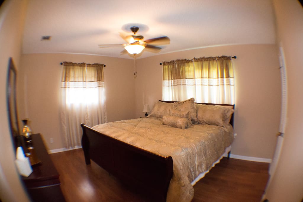 Master Bed room, Dresser Mirror, Night Stand, Ceiling Fan with Globe Light, walk in closet,