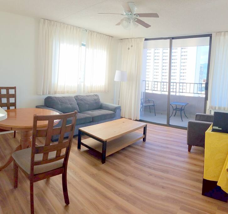 Living area with a couch & TV (recently upgraded floor)