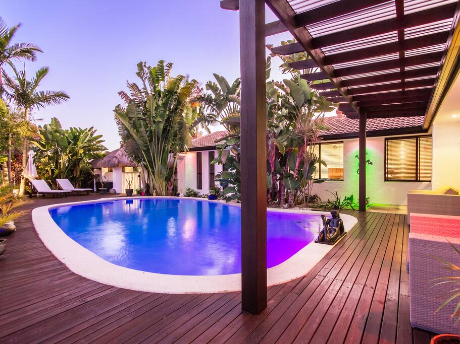 Large pool with child safety precautions in place.