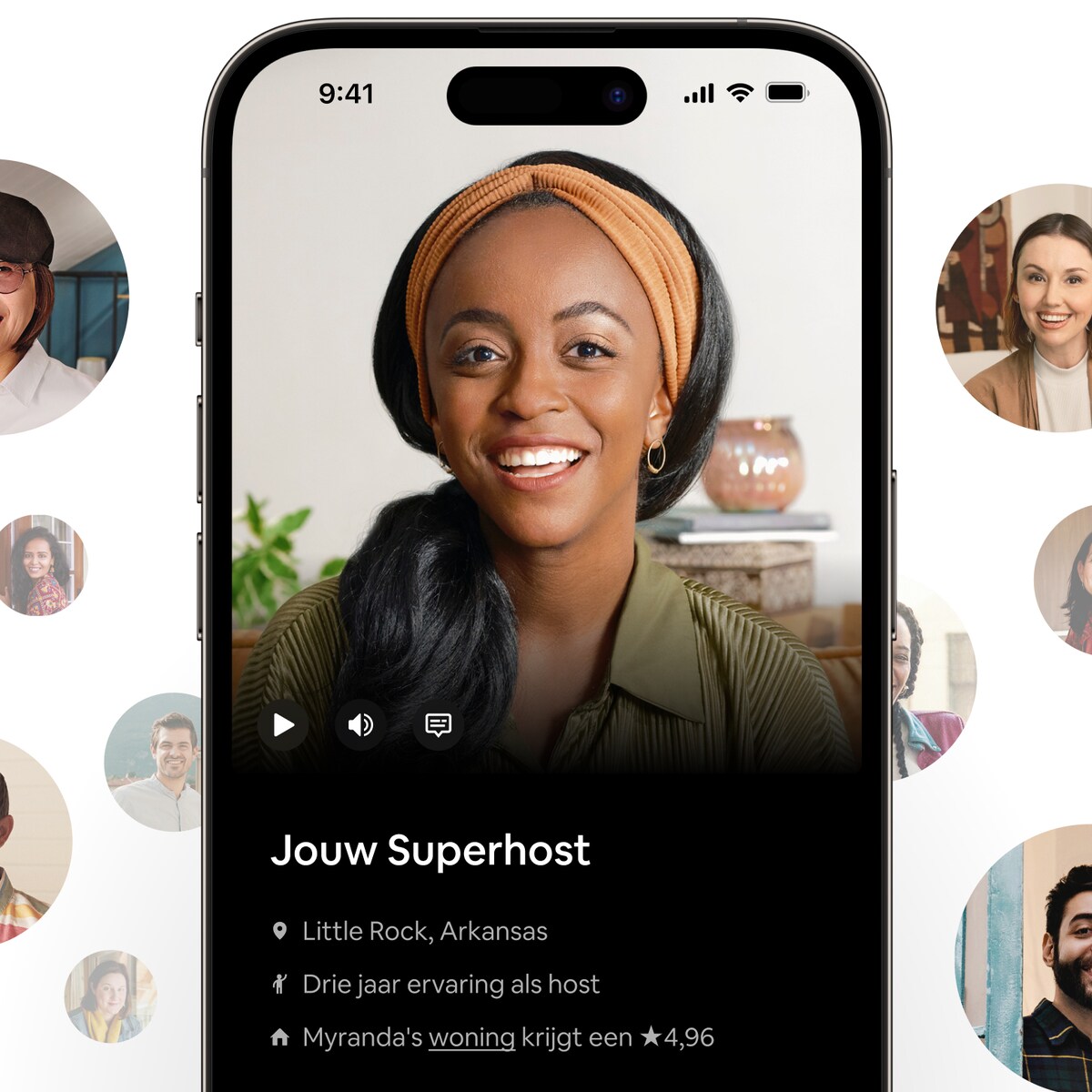 Een glimlachende Superhost in de Airbnb-app. In de tekst staat dat ze Myranda heet, drie jaar ervaring heeft als host in Little Rock en dat haar Airbnb-beoordeling 4,96 van de vijf sterren is.