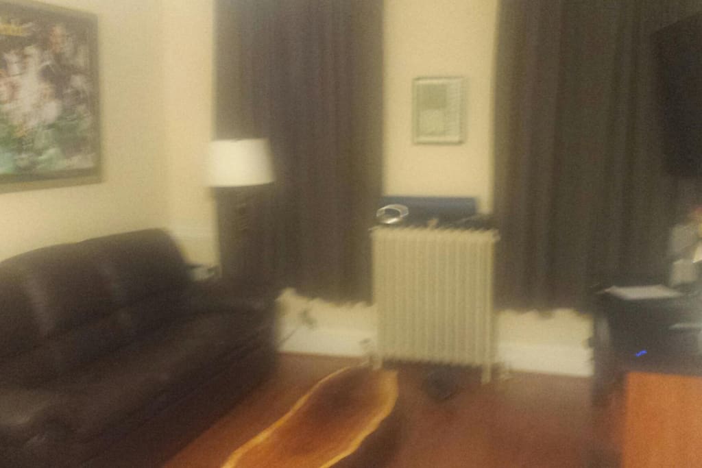 Living room with brand new couch, large flat screen television.