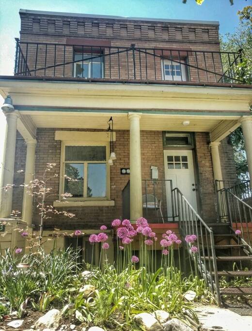 Front of the house. Enter through the white door.