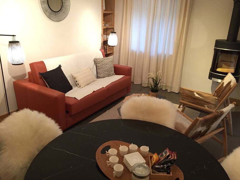 Salon avec canapé lit et poêle.