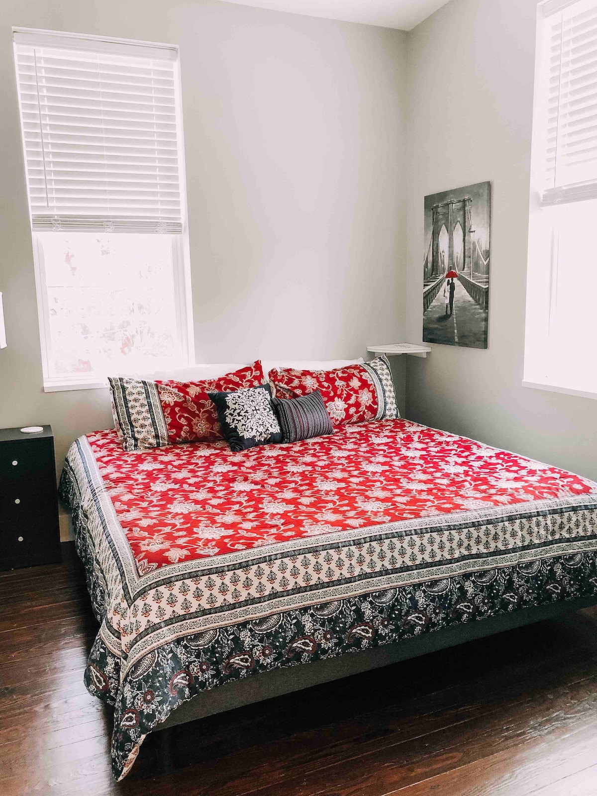 King size memory foam mattress. Ceiling fan is over the bed. 