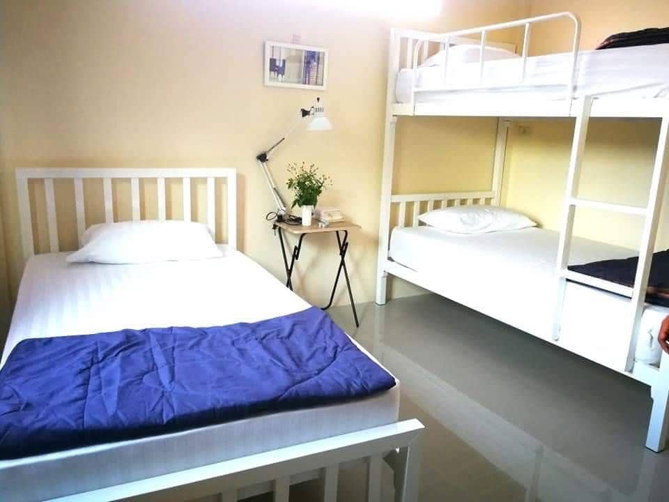 A room features a combination of a spacious bed and a bunk bed, providing various sleeping arrangements. A small side table with a plant is positioned next to the bunk bed. The walls are painted in a soft yellow hue, and the floor has a glossy finish.