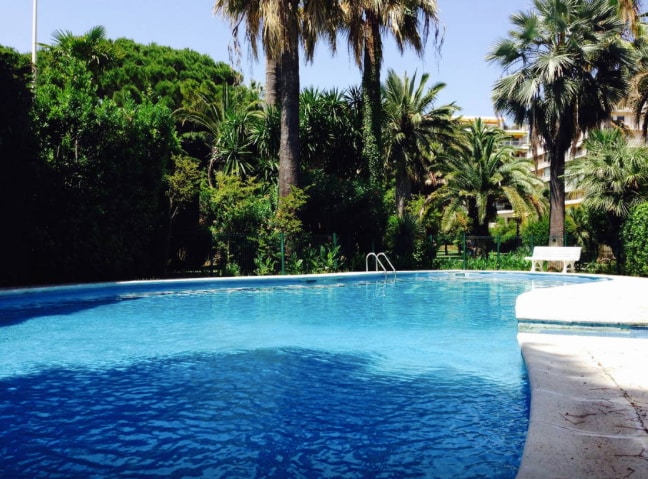 A clear blue pool is surrounded by lush greenery and tall palm trees. Sunlight reflects off the water's surface, creating a serene environment. A white lounge chair is positioned nearby, offering a spot to relax in the tranquil landscape.