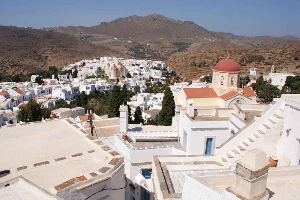 The panoramic view to the village of Pyrgos from the balcony.