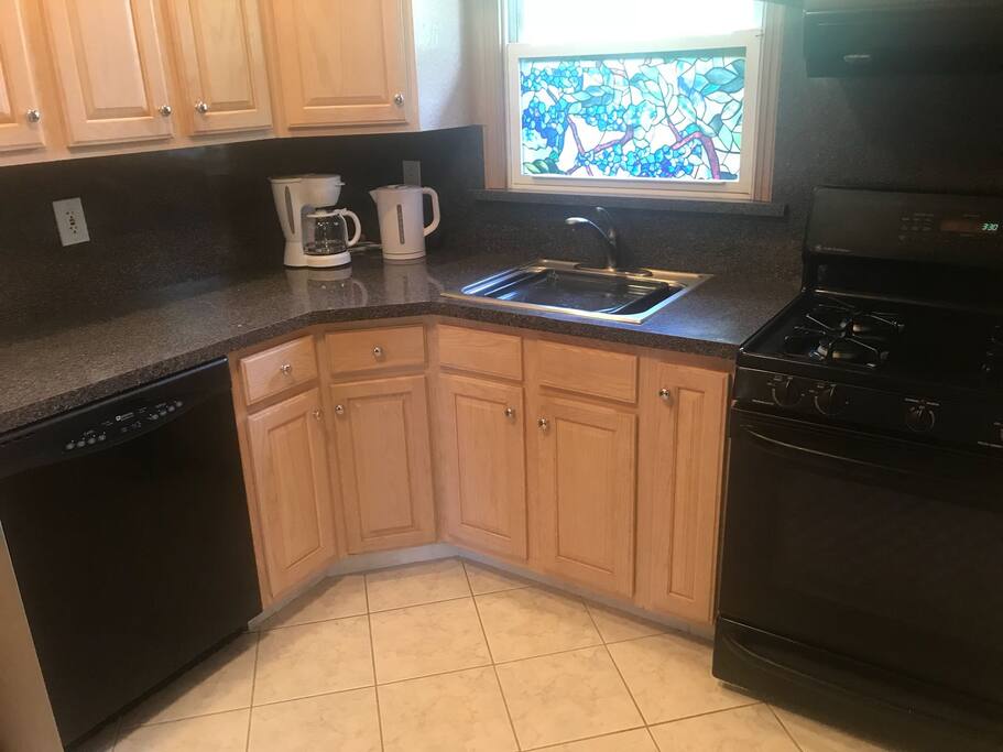 Kitchen, with coffee maker and electric kettle.