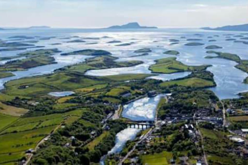 Aerial shot looking out over Newport and Clew bay to Clare Island