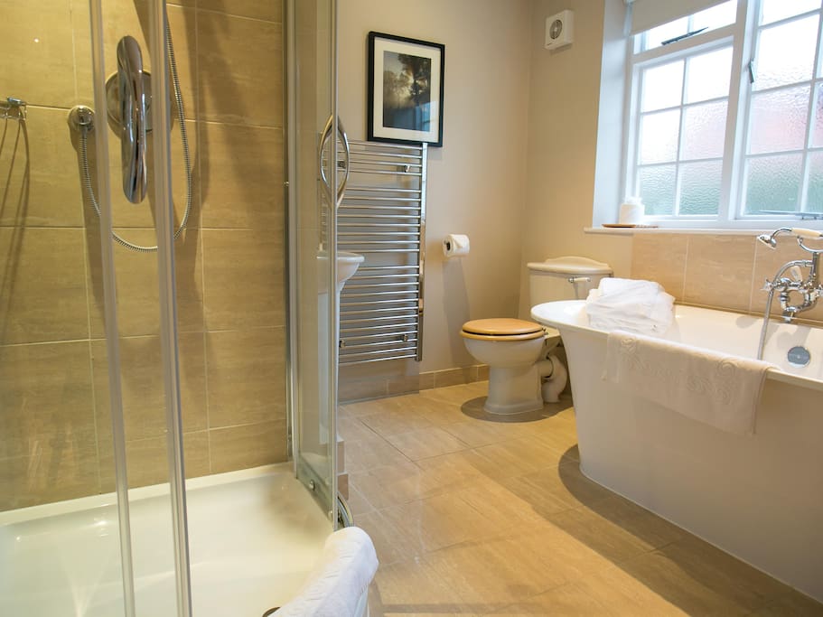 Walk in shower and free standing roll top bath
