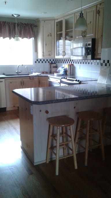 furnished Kitchen with oven, stove, microwave, fridge and freezer, dishwasher, trash compactor and more