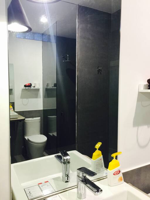 A modern and spacious bathroom.