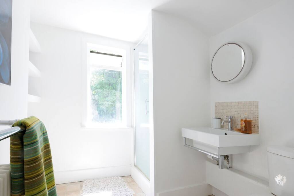 Private bathroom with toilet and shower overlooks garden