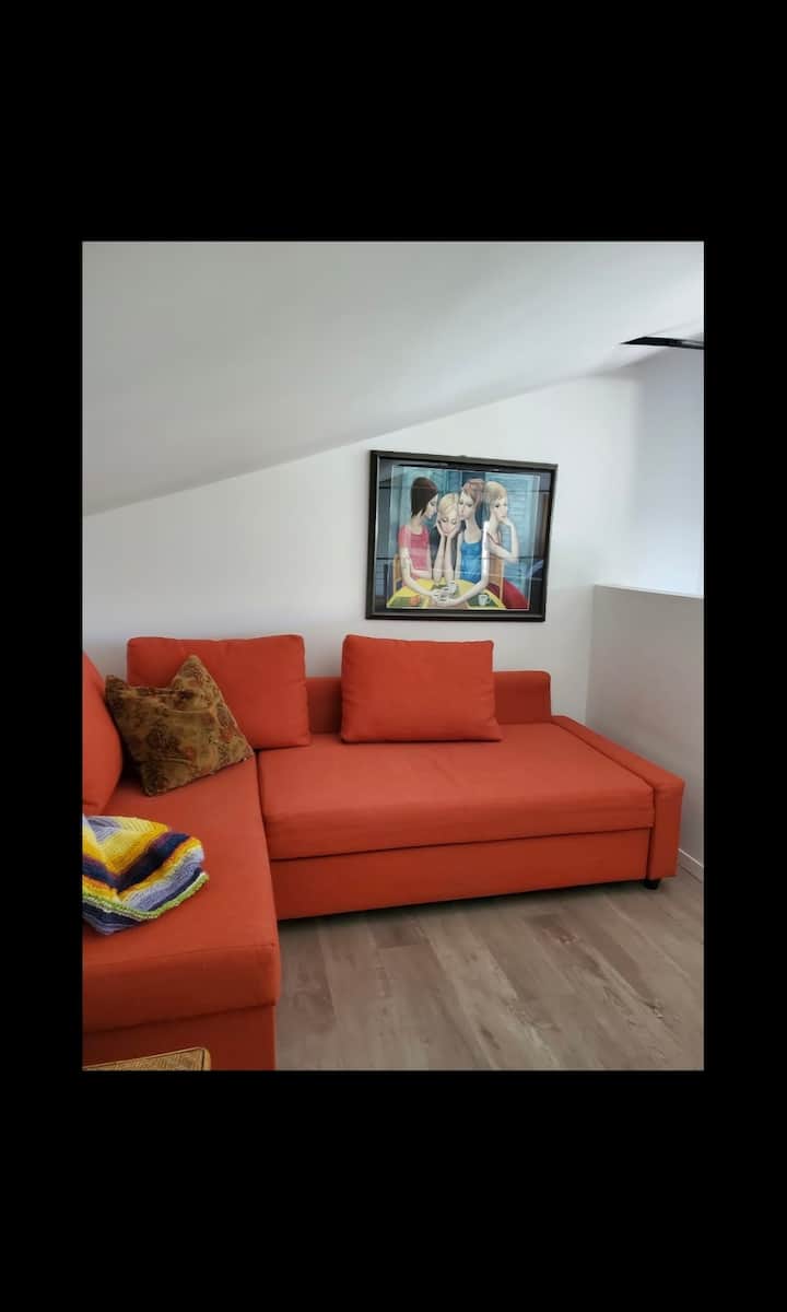 ספה נפתחת בגודל קווין סייז של איקאה ומיטה זוגית נוספת בלופט פתוח למחצה בקומה העליונה