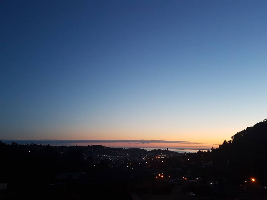 Morning view from the deck, out to Tasman Bay as the sun rises.