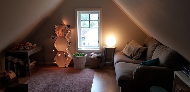 Sebule ndogo ya ziada kwenye sakafu 3 nje ya chumba cha kulala 1. Ikiwa vitanda vya ziada vinahitajika nje ya vyumba vya kulala, sofa inaweza kubadilishwa kuwa kitanda cha ukubwa wa malkia chenye upana wa sentimita 120. Ngao pia inapatikana. 