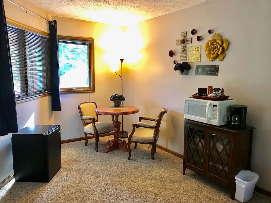 Mini fridge, microwave, coffee maker and all coffee supplies needed.