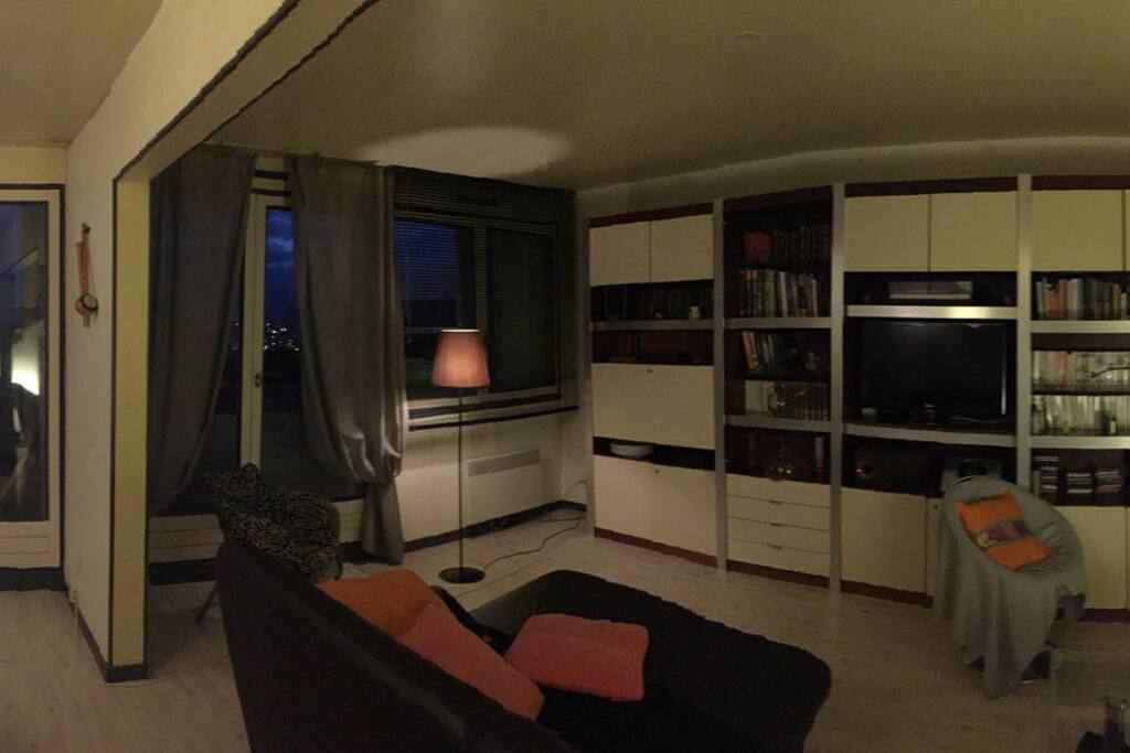 Salon salle à manger avec TV donnant sur loggia et balcons plein sud vue dégagée