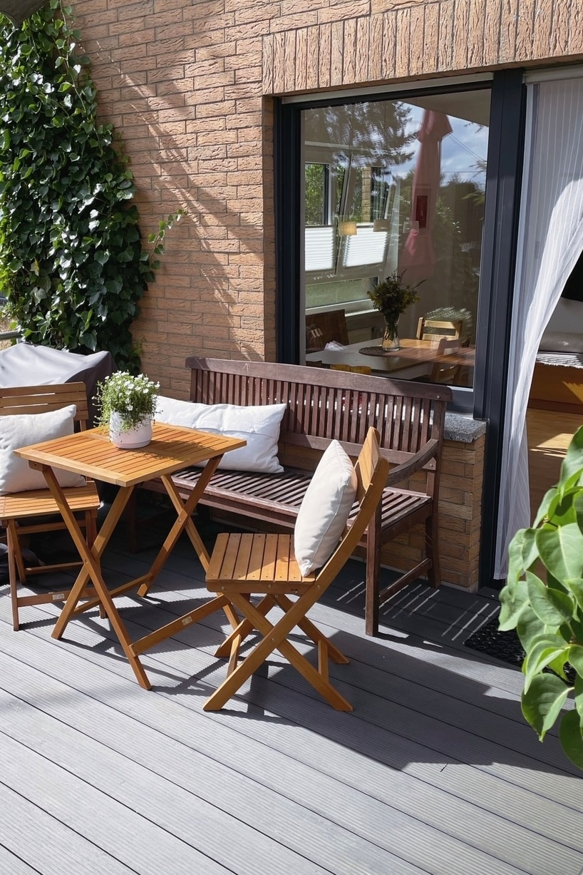An outdoor terrace features a wooden table and two folding chairs, surrounded by greenery. A cushioned bench is positioned nearby. Sunlight filters through the window, providing a view into the interior space.