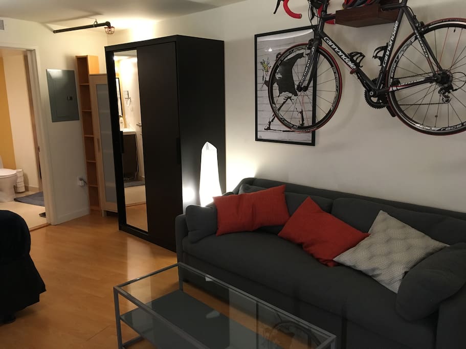 Large/full-length couch perfect for a third person to sleep on or to relax on.