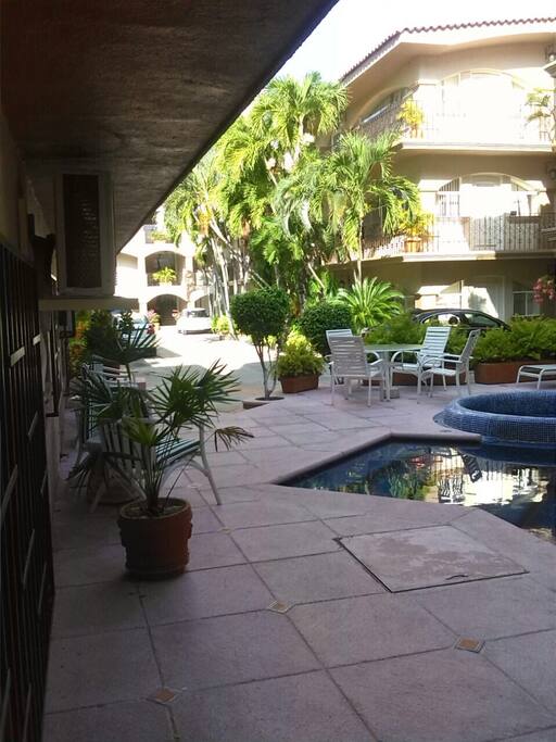 Alberca rodeada de plantas y macetas, linda terraza sombreada en algunas horas del día.