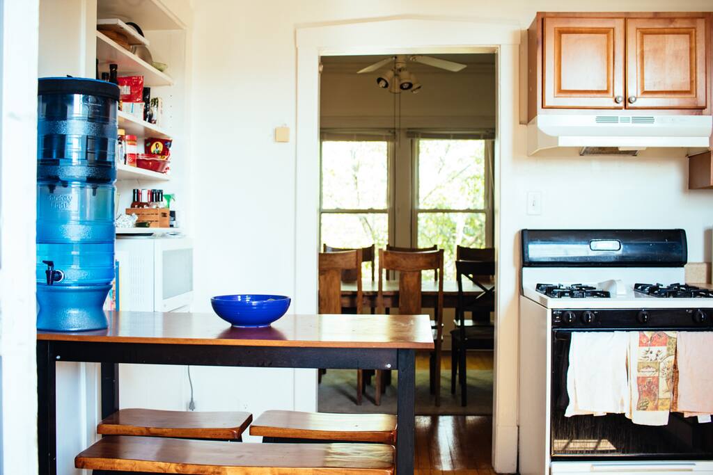 Kitchen- dining room pictured through the doorway