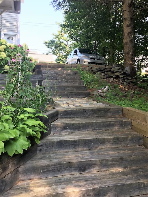 escalier qui mène a l’appartement. Attention le bois peut glisser en temps de pluis