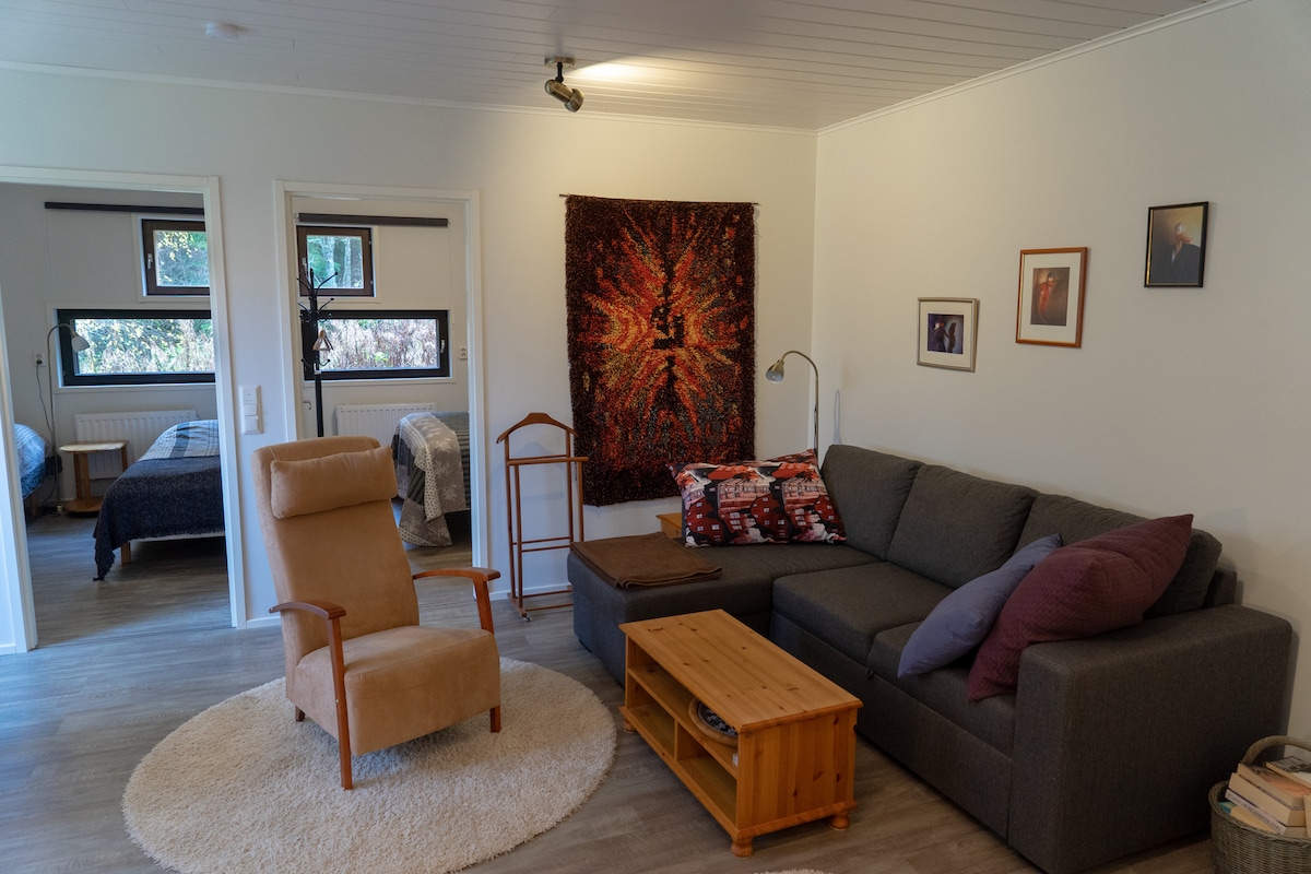 A spacious living area features a comfortable sofa with decorative pillows, a wooden coffee table, and a cozy armchair. A colorful wall hanging adds visual interest, while large windows provide natural light. Two doorways lead to the bedrooms, enhancing the layout's openness.