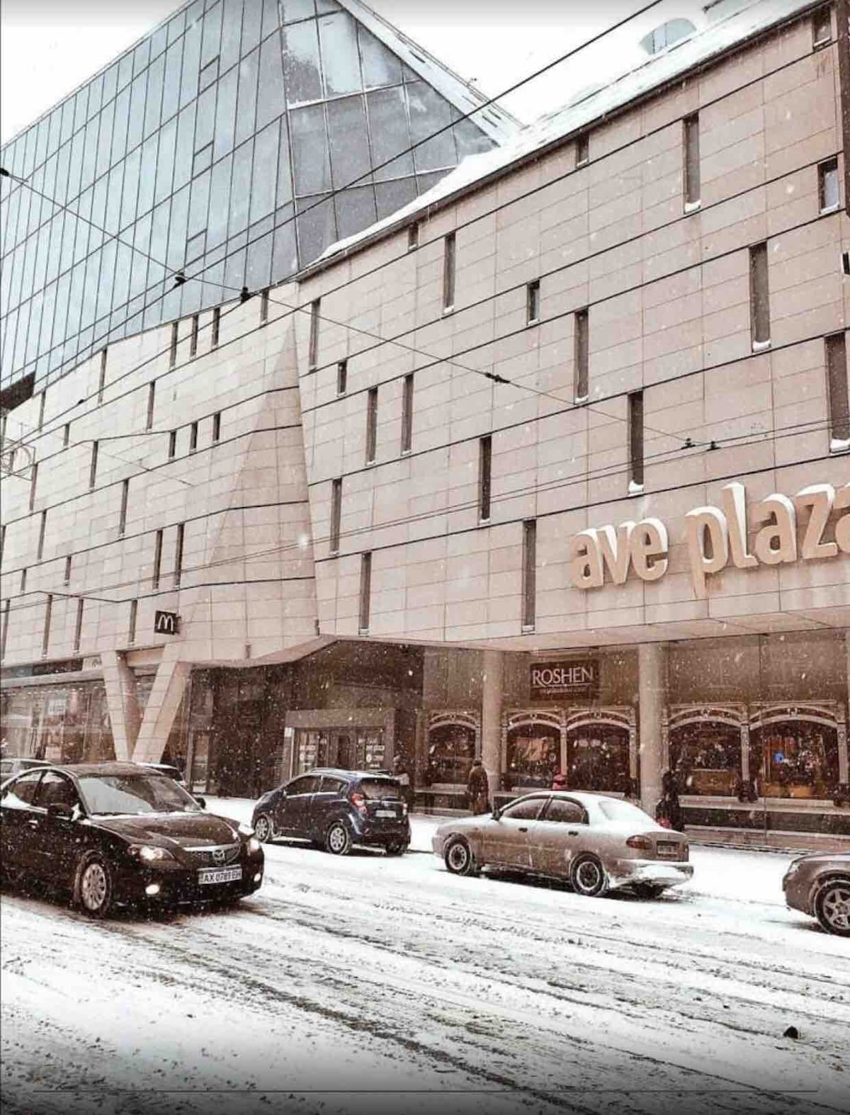 A view of a shopping mall during winter is captured, showcasing the Ave Plaza sign prominently. Snow falls gently on the streets, which are lined with vehicles parked along the curb. The building features a combination of modern and traditional architectural styles.