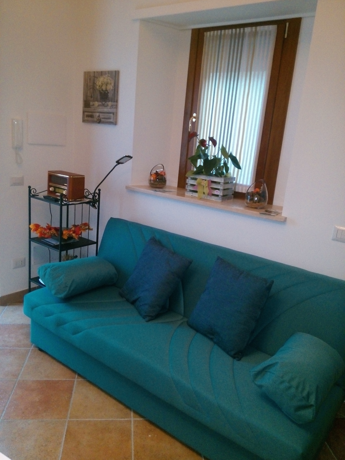 A bright living area features a teal sofa adorned with decorative pillows. Natural light filters through a window adorned with vertical blinds, illuminating a wall shelf with small plants and decorative items. A lamp and a small side table complement the space.