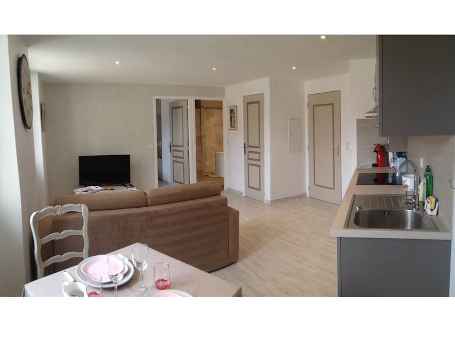 Pièce à vivre: Salon (canapé convertible lit 140cm) + cuisine équipée + coin repas