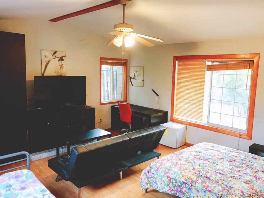 Room S , queen size bed , twin size bed , tv , huge closet ,sofa bed , small refrigerator