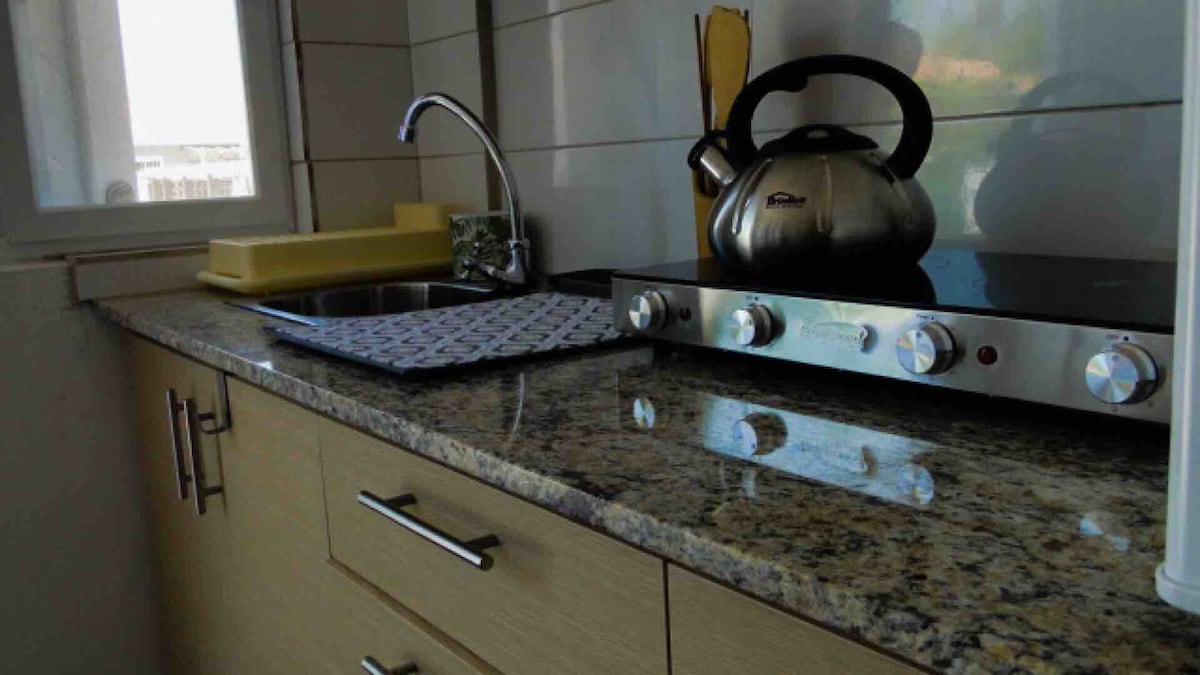 A modern kitchen countertop is displayed with a polished granite surface. A silver kettle is positioned next to a small sink, which is accompanied by a soap dispenser. An electric stovetop features three distinct knobs, adding functionality to the space.
