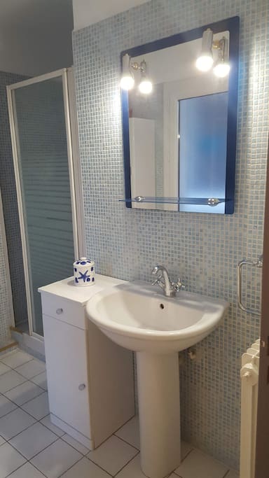Salle de bain avec grande douche.