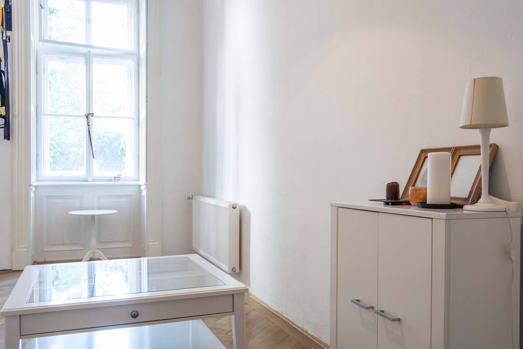 Spacious private room with comfy expandable sofa