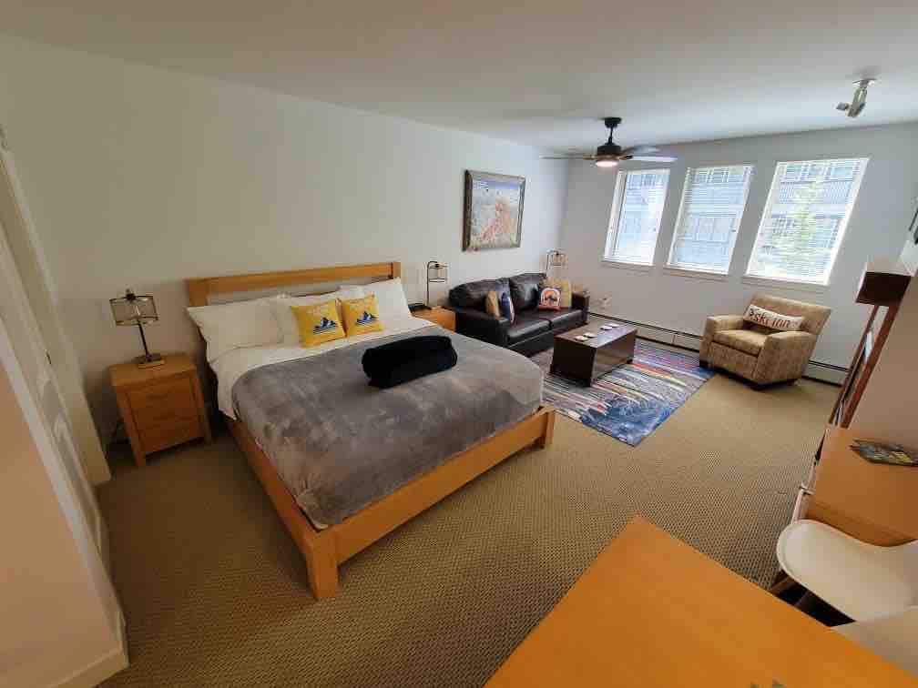 A studio space features a king bed with a soft gray blanket, complemented by colorful throw pillows. A black sofa and a beige armchair are arranged beside large windows, allowing natural light to illuminate the room. A small desk and a patterned rug add functional elements.