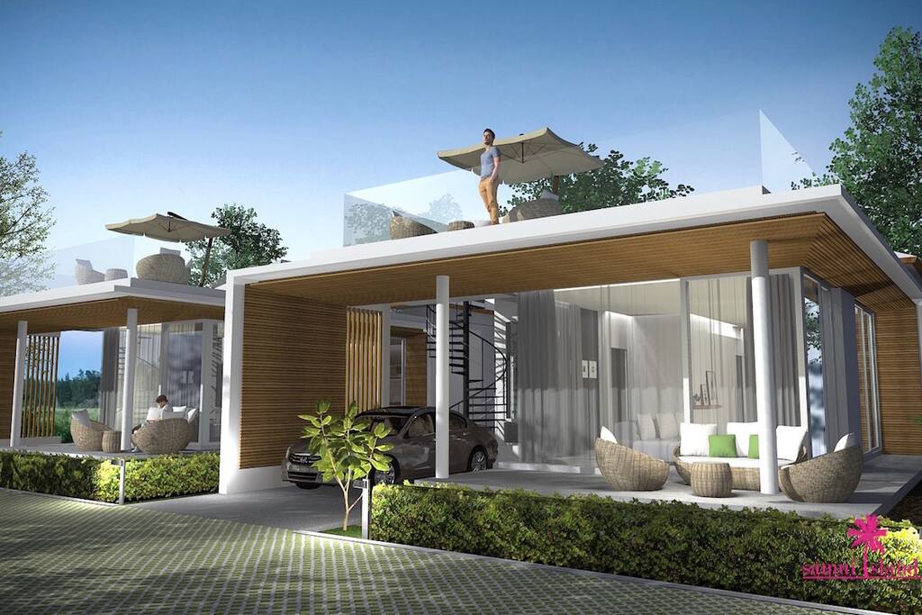 Front view of villa with rooftop terrace